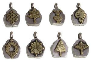 Sterling Silver Buddhist Tibetan 8 Auspicious Symbols Pendant