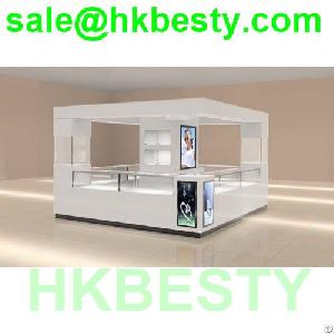 Pure White Wooden Galss Jewelry Display Kiosk Design Of Famous Brand