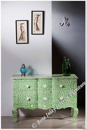 Curved Green Bone Inlay Chest Of Drawer / Dresser