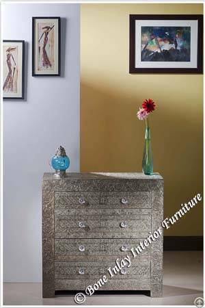 Embossed White Metal Four Drawer Chest / Dresser