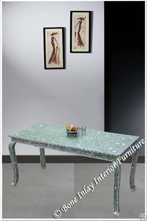 Green Mother Of Pearl Inlay Dining Table Curved Legs Folding