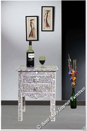 Grey Mother Of Pearl Inlay Two Drawer Bedside Table Mehrab Design