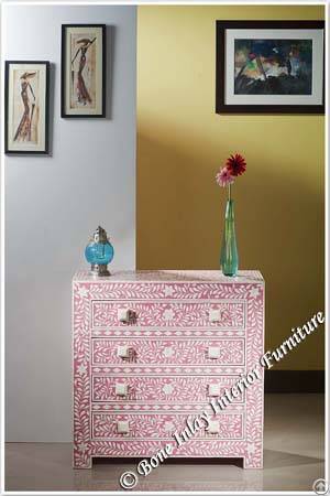 Pink Bone Inlay Four Chest Of Drawer / Dresser