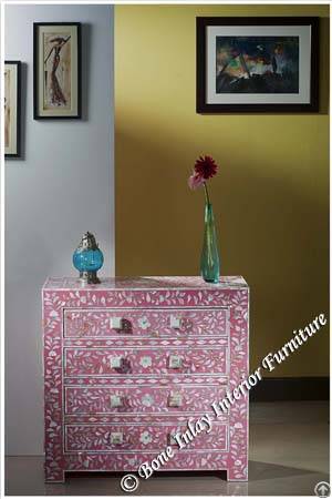 Pink Mother Of Pearl Inlay Four Drawer Chest / Dresser