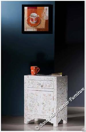 White Mother Of Pearl Inlay One Drawer Two Door Bedside Table