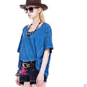 Beads Decorate Batwing Sleeve Sale T-shirts Blue