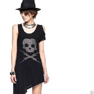 Long Short Sleeve Skull Print Fabric T-shirt Black