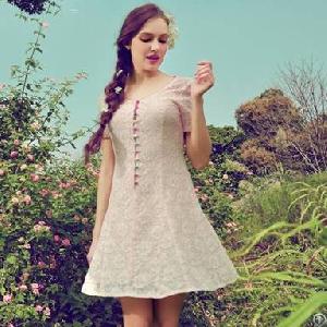 Western Hollow Lace Long Sleeved Dress Pink