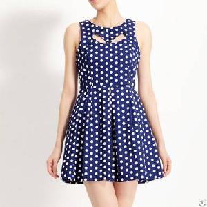 Western Style Cut Out Polka Dotted Dress Deep Blue