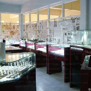 Led Glass Wood Counter Design For Jewellery Showroom