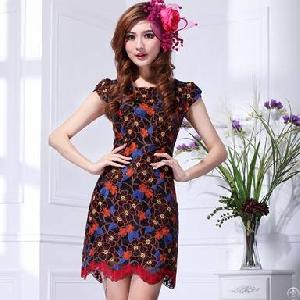 Hot Sale Elegant Printed Slim Lace Dresses Black Pink