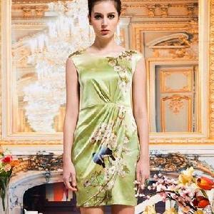 National Style Elegant Slim Silk Dresses Green