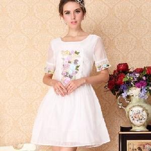 Retro Embroidery Slim Princess Unique Dresses White Pink