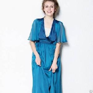 Solid Color Elegant Style Long Silk Dress Blue