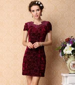 Western Short Sleeve Elegant Printed Dress Women Wine Red