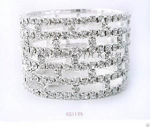 Big Stretchy Bracelet, Clear Crystals, Silver Plated