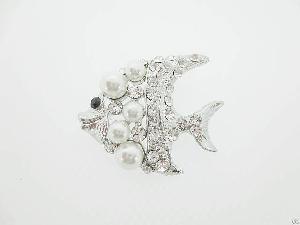 Fish Brooch, Pearls Crystal, Rhodium Plated Bh0035