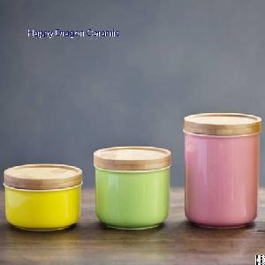 Color Glazed Ceramic Candle Jars With Bamboo Lid, Candle Containers