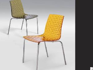 Woven Pattern Polycarbonate Chair With Metal Leg , Transprent Amber Color , Transprent Brown