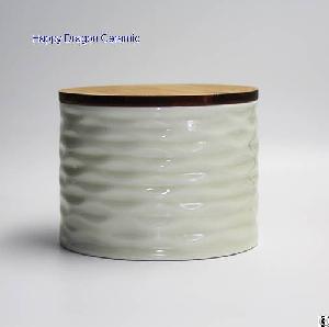 Wrinkle White Ceramic Candle Jars With Bamboo Lid, Candle Containers