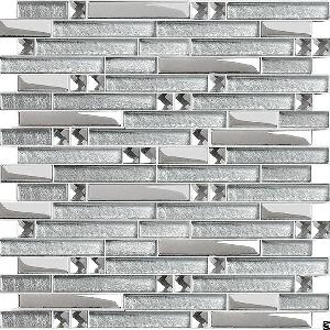 Metal Diamond Glass Mosaic Wall Silver Stainless Steel Backsplash Glossy Clear Crystal Tile