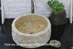 Classic Beige Marble Bathroom Round Vessel Sinks Natural Stone Wash Basin