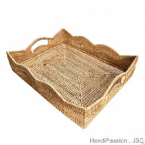 High Technique Square Rattan Serving Storage Tray Wave Edge And Cutout Handles Vietnam Hp T027