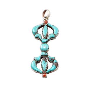 Tibetan Buddhist Turquoise Coral And Sterling Silver Double Dorje Pendant