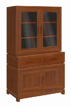 Minimalist And Modern Vitrine Cabinet 2 Drawers, 2 Glass Doors Teak Mahogany Furniture