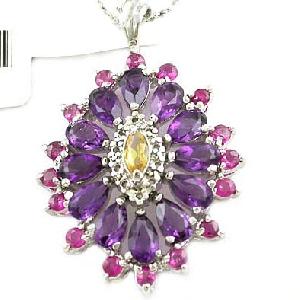 Sell Sterling Silver Natural Amethyst With Ruby And Olivine Color Stone Pendant