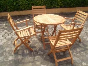 At Set-013. Round Table And Folding Chair In Set Teak Teka Garden Furniture