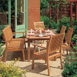 Teak Stacking Garden Set Rectangular Coffee Table, Bench, Arm And Dining Chair Outdoor Furniture
