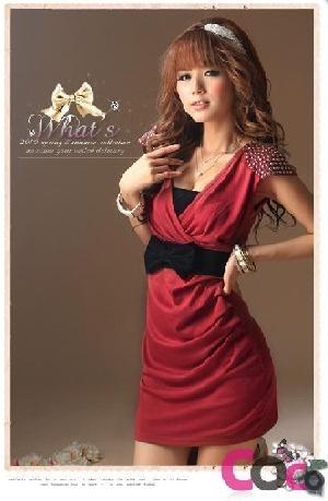 Red V-collar Paillette Ruffled Korean Dress