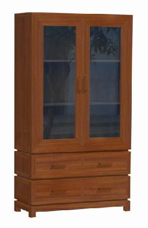 Vitrine Cabinet Four Drawers Two Glass Doors Mahogany Wooden Indoor Furniture Java Indonesia