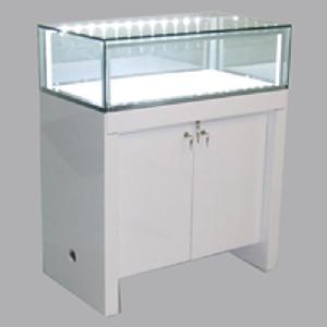 glossy silver display showcase lights front