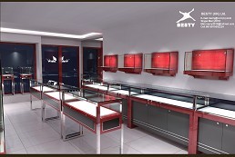 Red Colur Diamond Store Showcase Design According To Your Budget