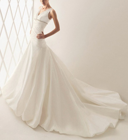 V-neck Pleat Embellished A-line Train Wedding Dress