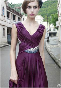 Pleated Double V-neck Formal Gown